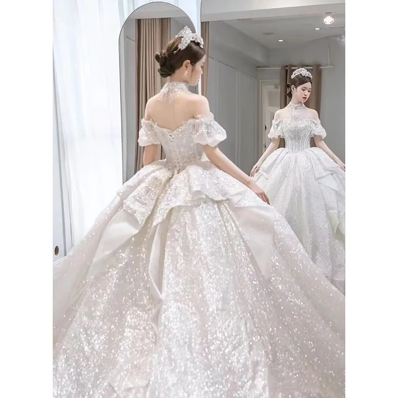 Vestido de baile com laço, Vestido de princesa, Fora do ombro, Gola de barco, Lantejoulas, Trem, Casamento, Novo, 2022