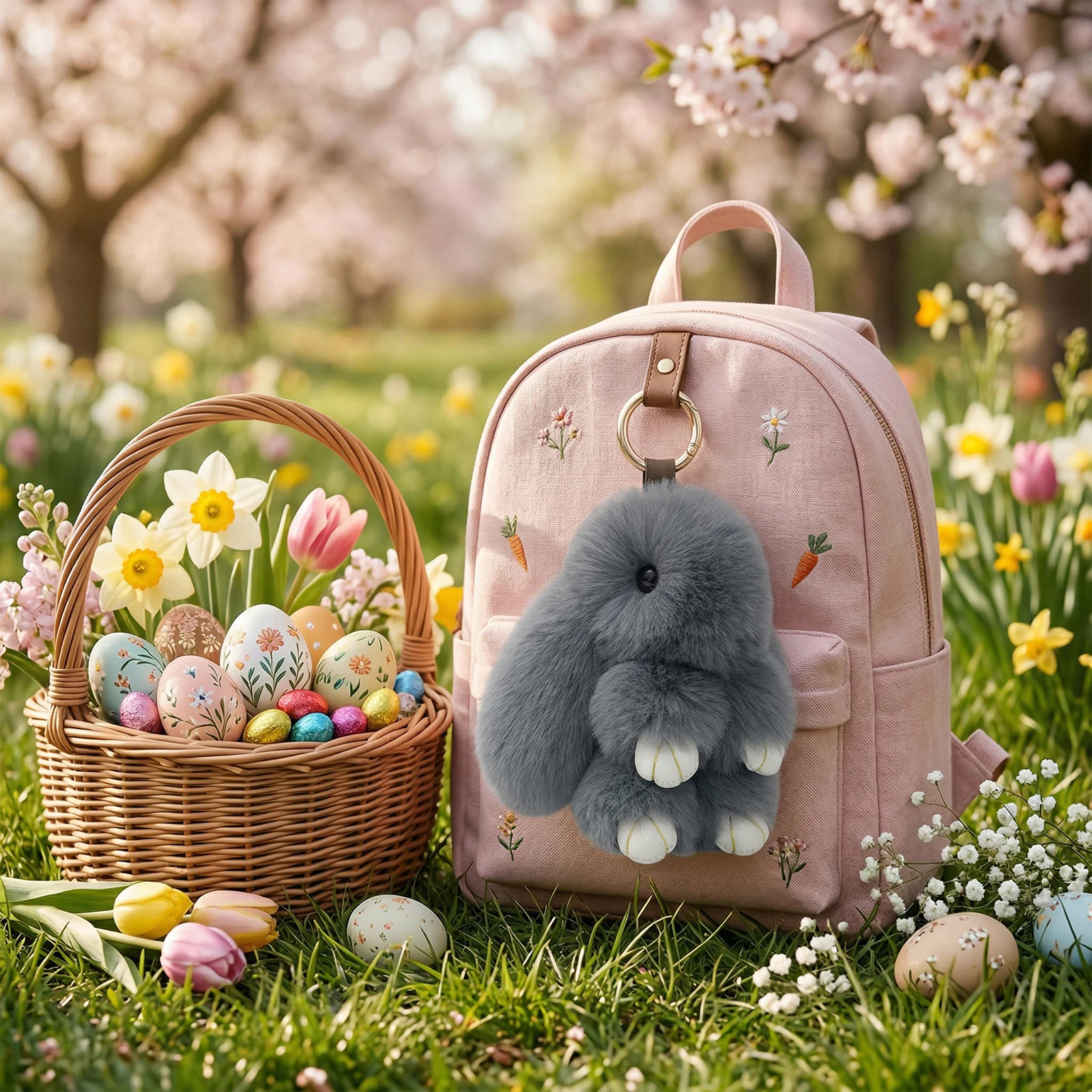 

Easter Rabbit Flower Candy Cookie Box with Bunny Lucky Keychains Portable Rabbit Gift Box for Bags & Backpacks Charm Easter Gift