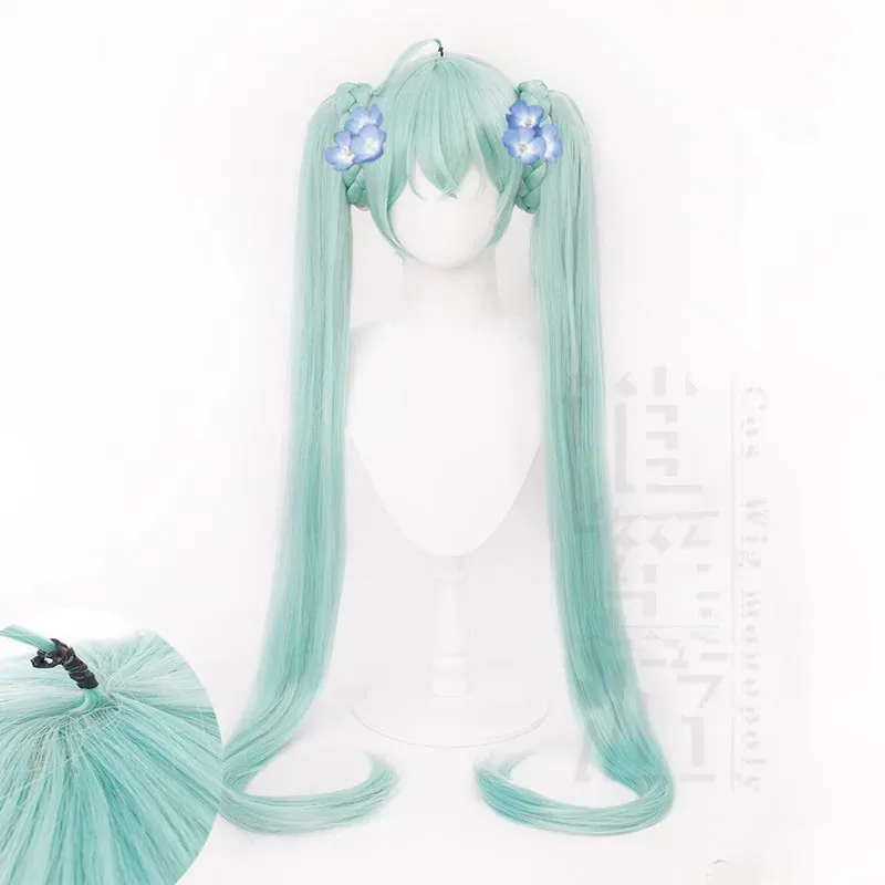 アニメミクコスウィッグ-110-センチメートルダブルポニーテールグリーン耐熱合成初音髪ハロウィンパーティーコスプレウィッグ-ウィッグキャップ
