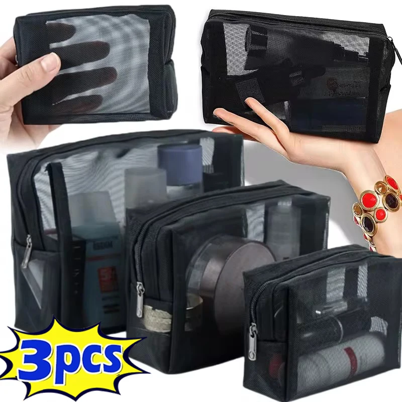 1-3pcs Mesh Clear Cosmetic Bags Small Large Black Makeup Bag Portable Travel Toiletry Organizer Case Lipstick Storage Pouch