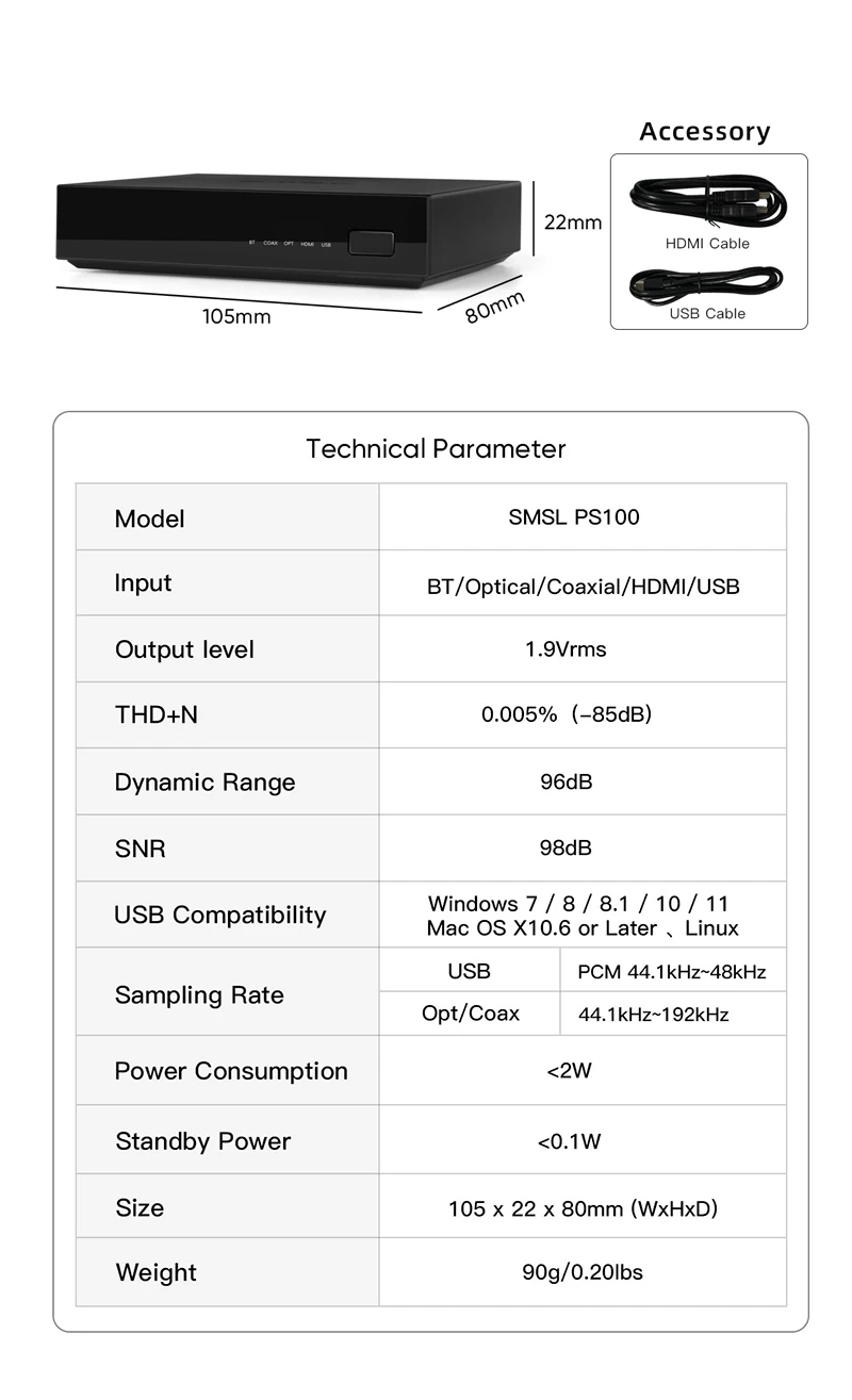 SMSL PS100 Multifunctional Audio Converter ES9023 DAC Chip Audio Converter High Peformance Power System For Home Car Music with