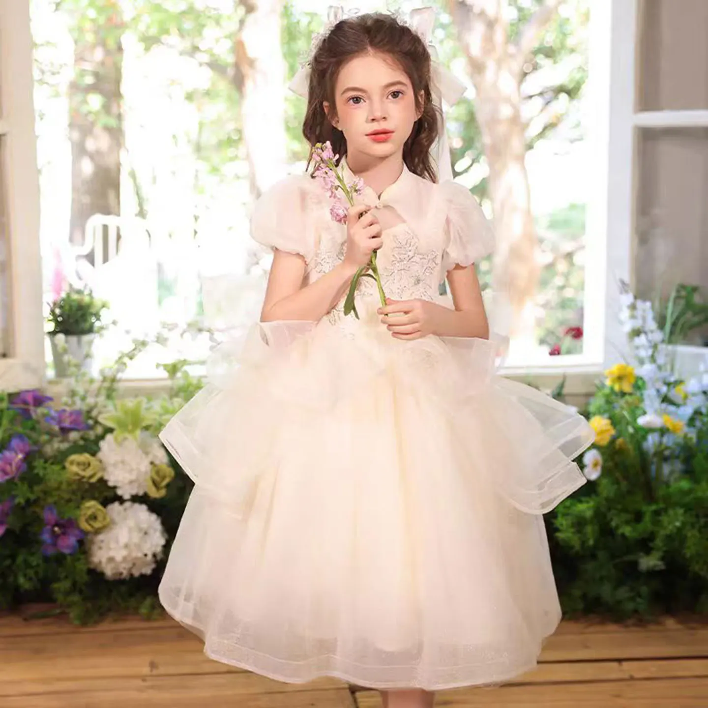 Jill Wish J528 elegante vestido de niña de flores de encaje Beige con cuentas hasta el té princesa niños boda fiesta de cumpleaños vacaciones vestido de graduación