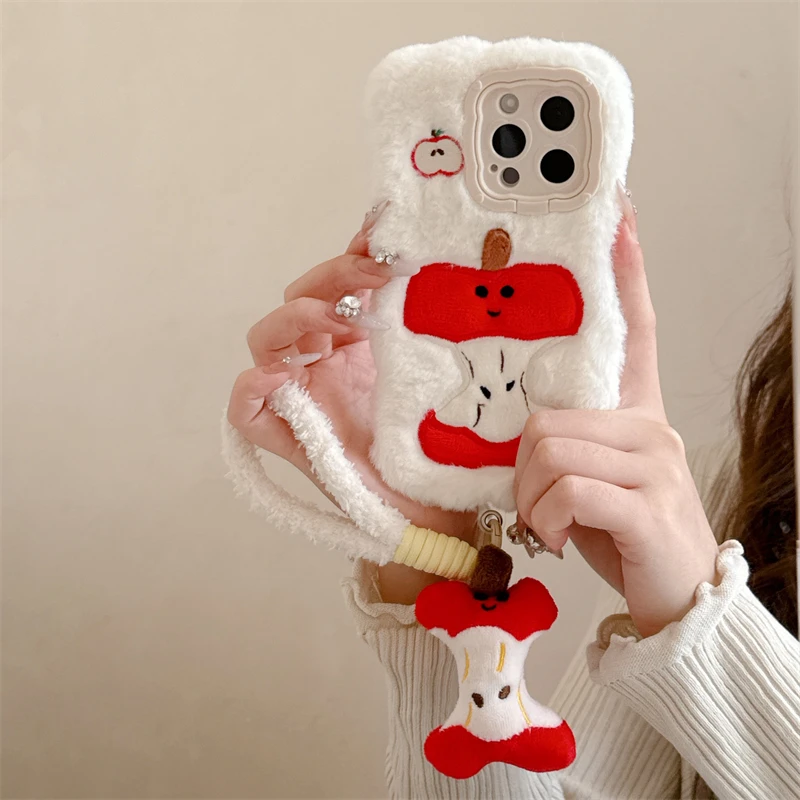 Lovely Apple Core Warm Winter Plush Soft Phone Case For Huawei P40 Pro P50 Pro P60 Pro Pura 70 Pro Fluff Toy Lens Protect Cover