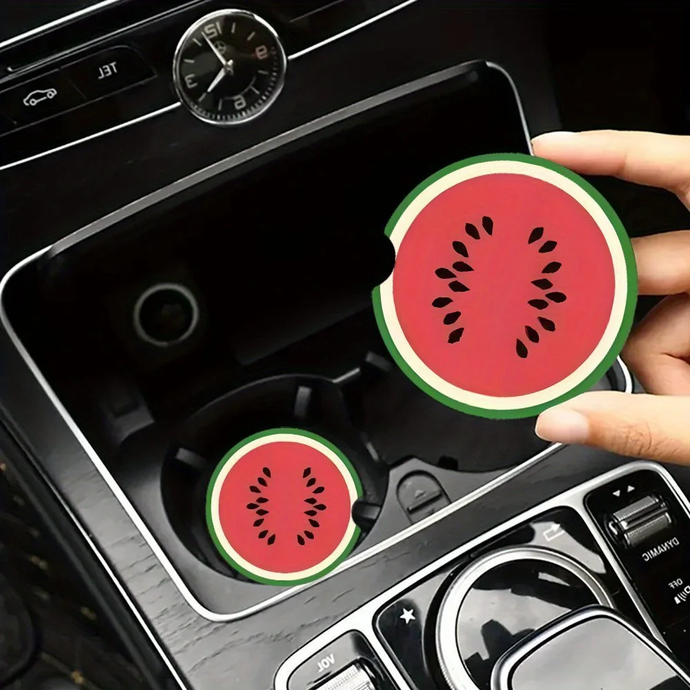 2pcs Watermelon Slice Acrylic Car Cup Holder Coasters Heat-Resistant Insulation, Vibrant Red Green Design