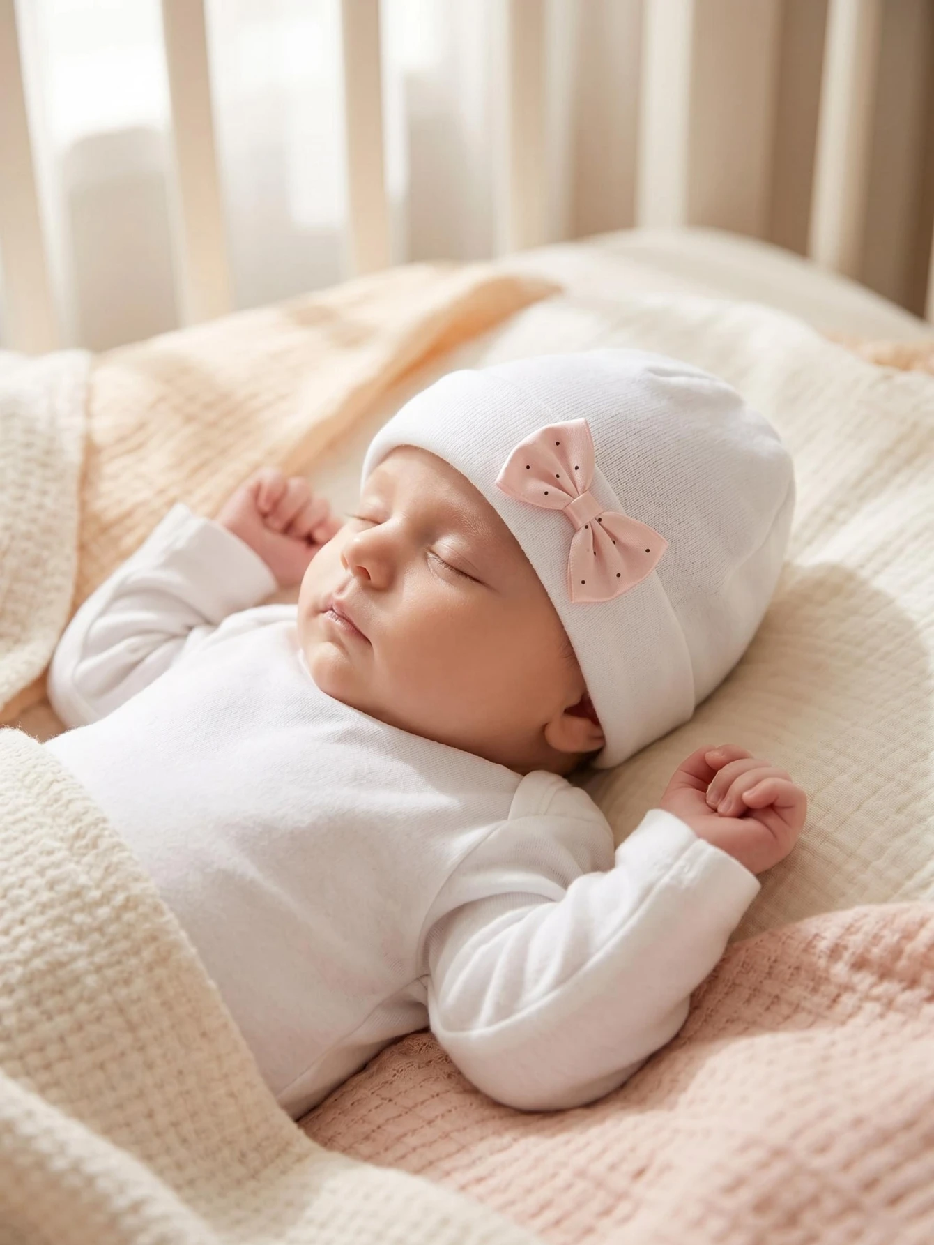 2er-Pack Niedliche Baumwollmützen mit Polka Dots und Schleife für Babymädchen, geeignet zum Schlafen, für Zuhause und den Außenbereich in allen Jahreszeiten – Detail 11