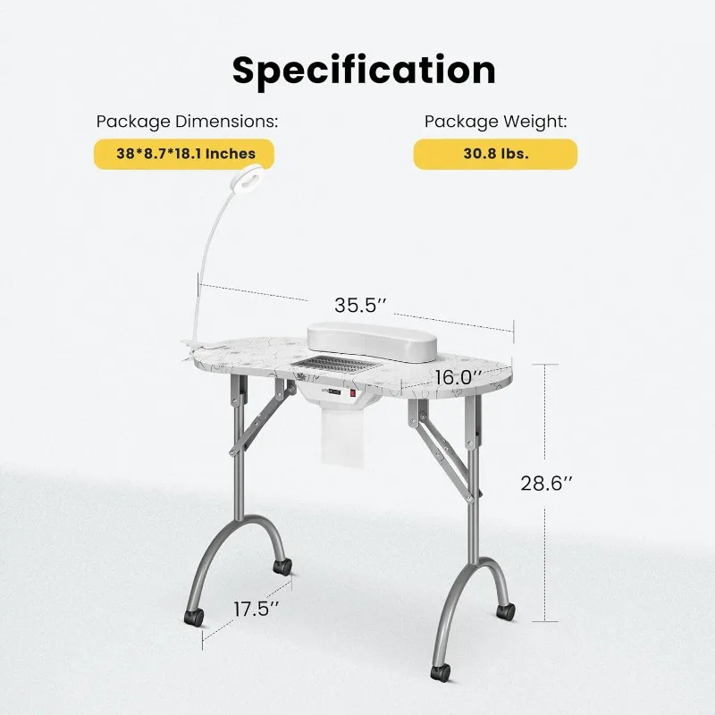 Portable Manicure Nail Table on Wheels with Built-in Dust Collector, Updated USB-Plug LED Table Lamp, Carry Bag