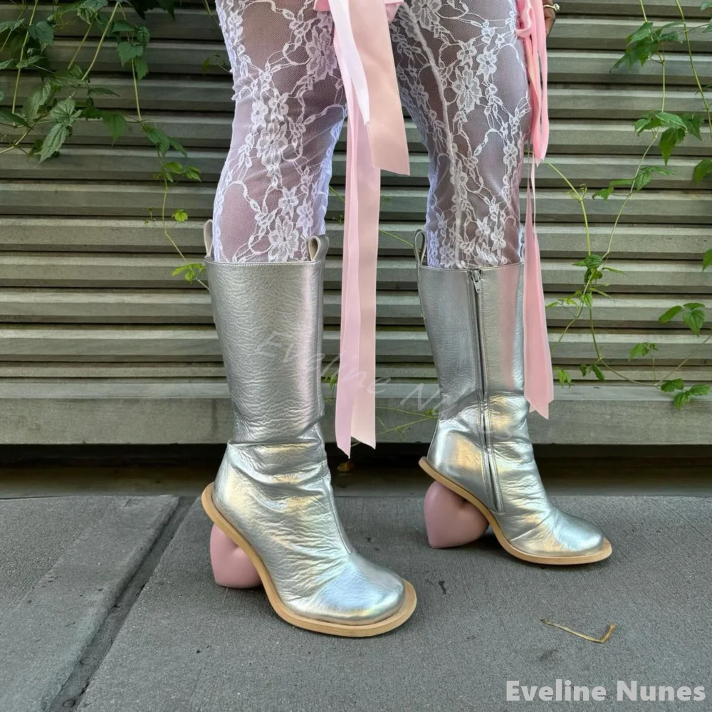 

Heart Heel Retro Knee High Boots Women Purple/black Round Toe Side Zipper Long Boots 2025 New Fashion Party Catwalk Solid Boots