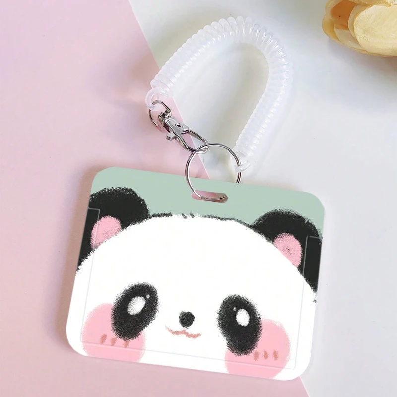 Funda para tarjeta de Campus escolar con cordón elástico retráctil, adecuada para tarjetas de comida, tarjetas de autobús/metro, tarjetas de trabajo, Panda de dibujos animados