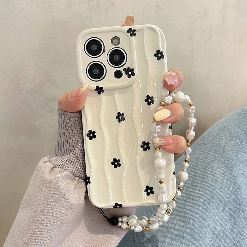 Black Flowers 3D Wave Pattern Phone Case For iPhone 13 11 12 14 15 16 Pro Max White Bumper Soft Silicone Cover