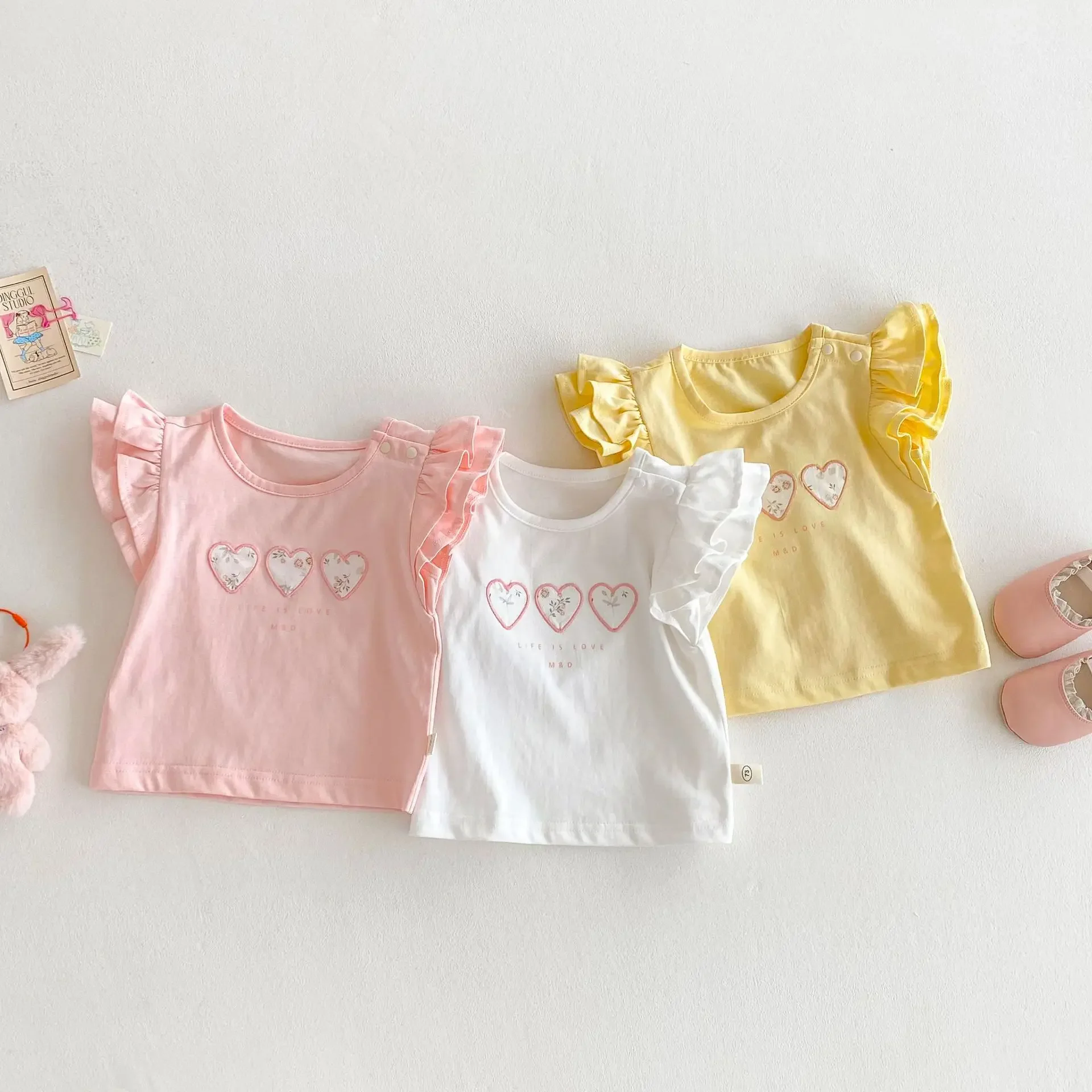 

Girls 2025 Summer Love Heart Flutter Sleeve Floral Print T-Shirts Trendy Solid Color Top for1-5 years