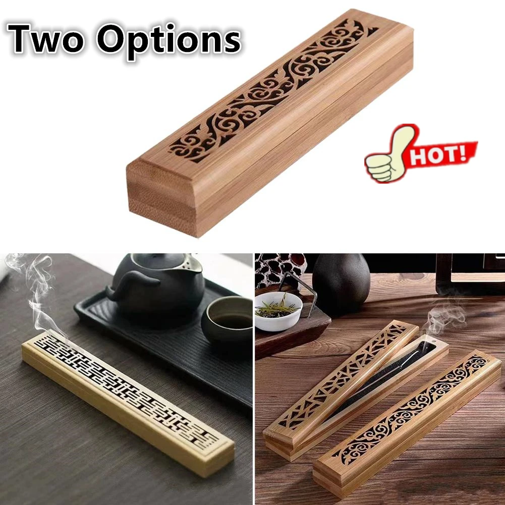 Natural Bamboo Incense Burner With Laying Plate Aromatherapy Wooden Box For Incense Storage Burning Hollowed Line Incense Box