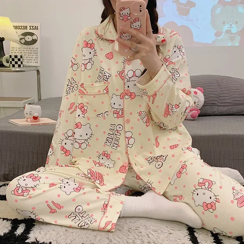 Sanrio Hello Kitty New Autumn Cotton Long Sleeve Long Pants Women\'s Pajamas Silk Pajamas Women\'s Two-piece Pajamas Pants Set