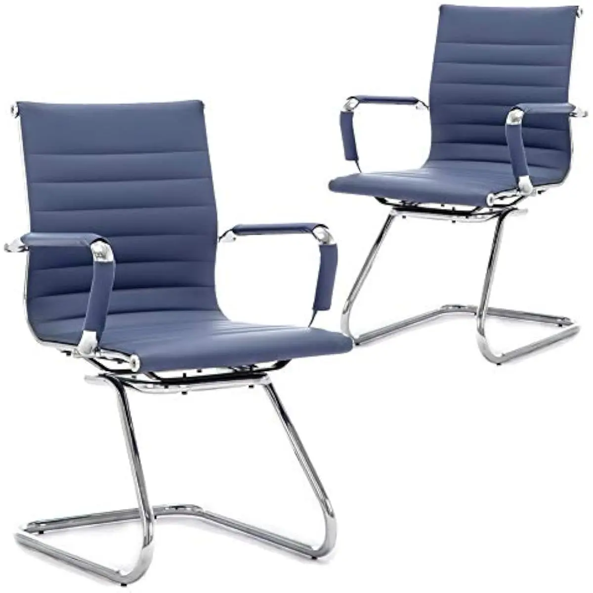 Ergonomic Navy Guest Chairs with Padded Mid-Back Support Faux Leather Seat Chrome Sled Base No-Wheel Design for Reception Confer