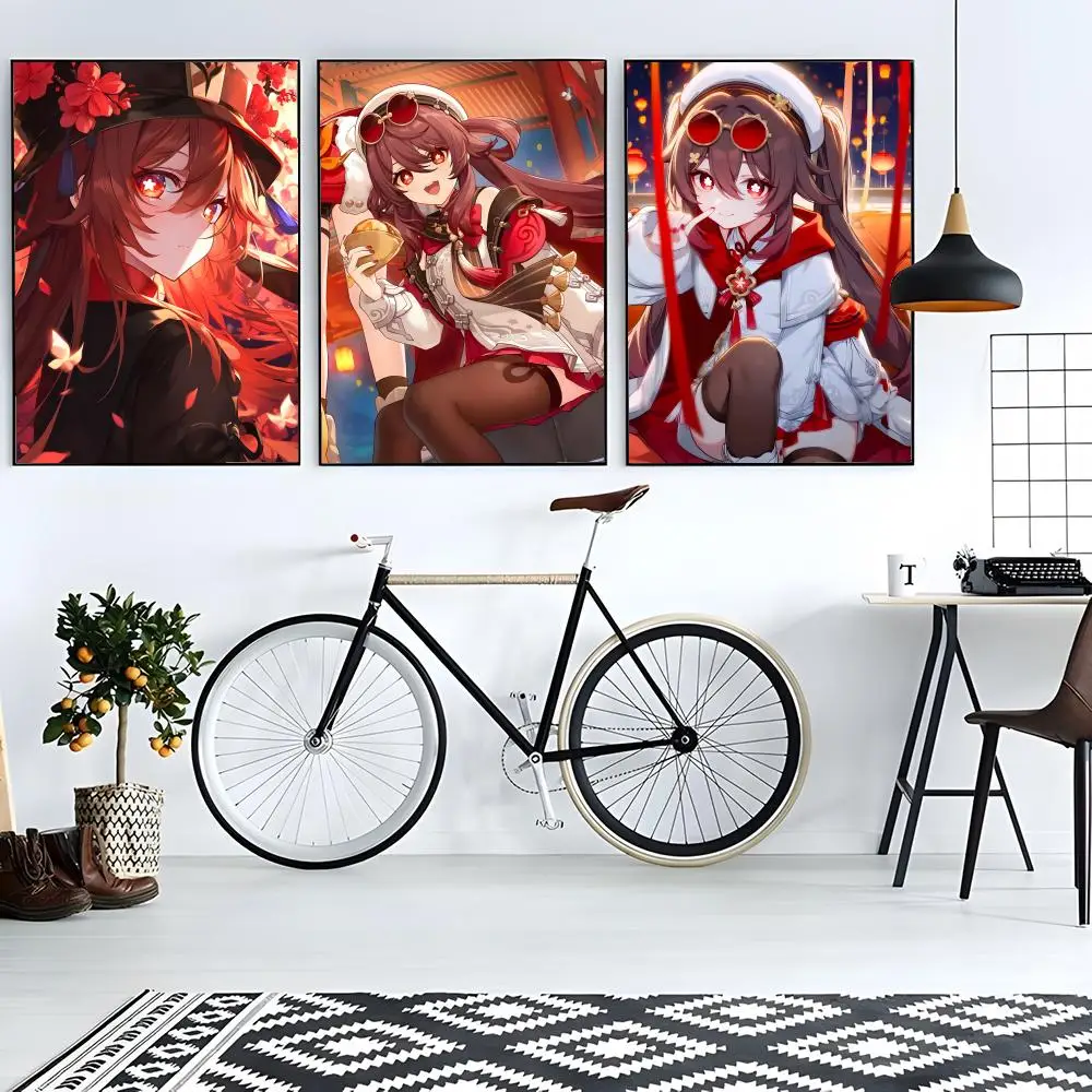 Game Character Genshin Hu Tao Poster Sticky Poster Paper Sticker DIY Room Bar Cafe Wall Decor Gift