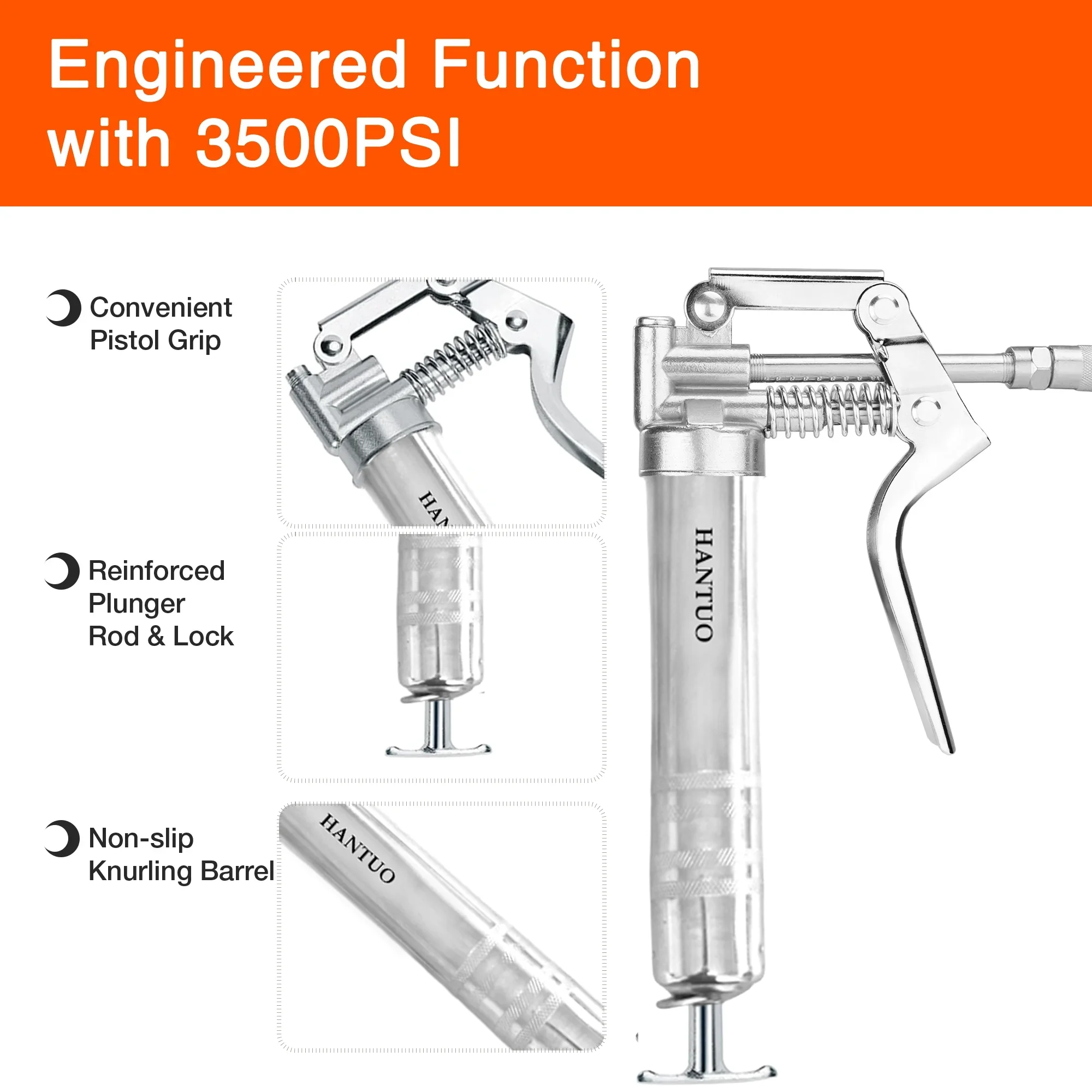 Grease Gun 3000 PSI Pistol Grip 3 oz Load 18Inch Spring Flex Hose 2Grease Couplers 2Extension Rigid Pipes and 1Sharp Type Nozzle