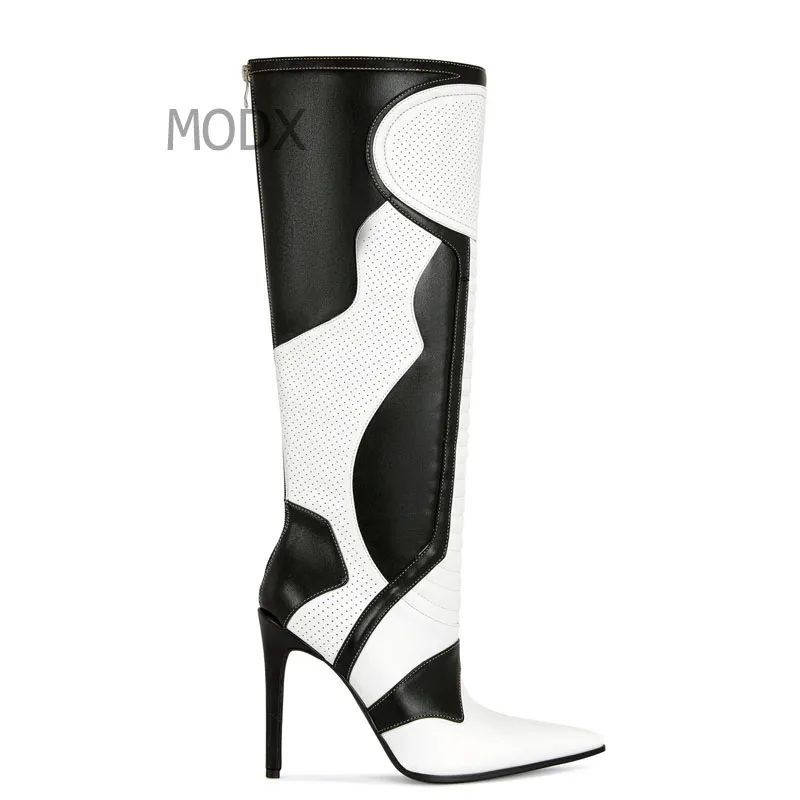 

2025 Women's Pu Heels Patchwork Boots Women Luxury Designer Shoes Knee-High Botas Spring Summer Pointed Boots New 44