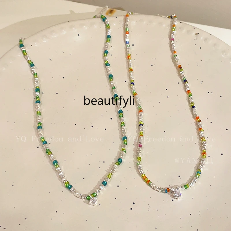 Dopamine Color Rice-Shaped Beads Stringed Beads Necklace for Women Temperamental High-Grade Clavicle Chain Necklace Accessories