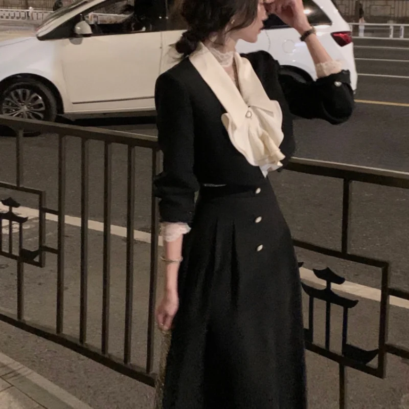 Conjunto de vestido elegante de 2 piezas para mujer, Tops cortos de manga larga + Falda Midi negra informal, trajes coreanos de oficina Retro delgados para mujer, otoño 2023
