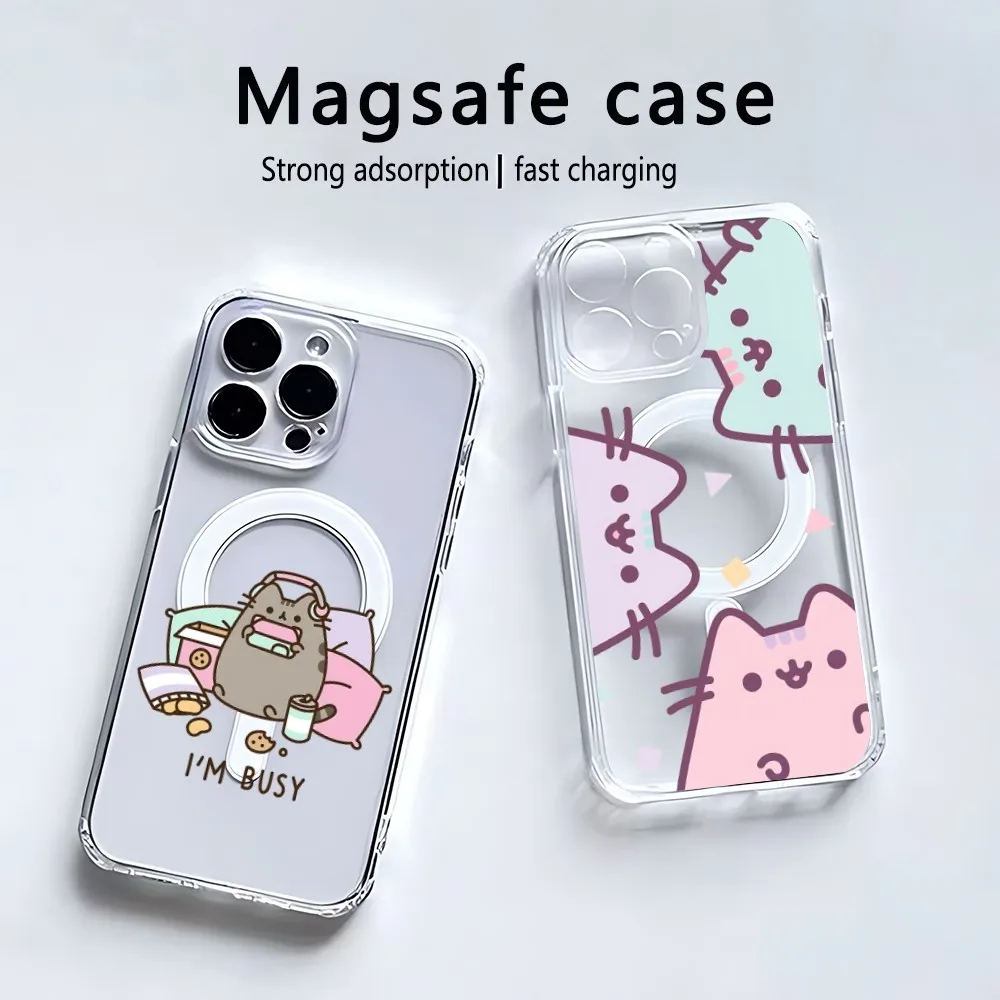 Cute Cat P-Pusheens Phone Case Magsafe transparent Case For Iphone 13 Pro Max Case 12 Mini Cover 11 14 15 16Wireless Charging