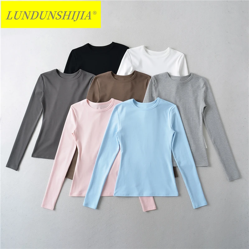 LUNDUNSHIJIA Women Tops 2024 Spring Summer Sexy Cotton O-neck Elasticity T-shirts Long Sleeve Skinny Female T Shirt 7 Colors