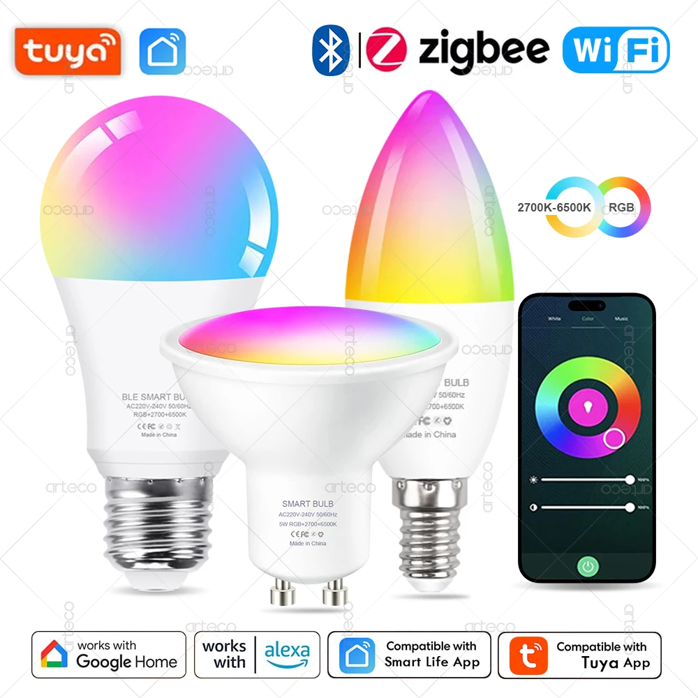 Tuya E27 E14 GU10 żarówka WIFI Zigbee Bluetooth, ściemnialna inteligentna lampa LED 2700-6500K RGB, żarówka LED współpracuje z Alexa Amazon Google