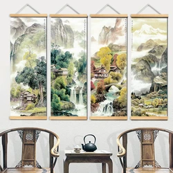 Chinese Traditional Style Four Seasons Landscape Canvas for Living Room Wall Art Poster Solid Wood Scroll Paintings Home Decor