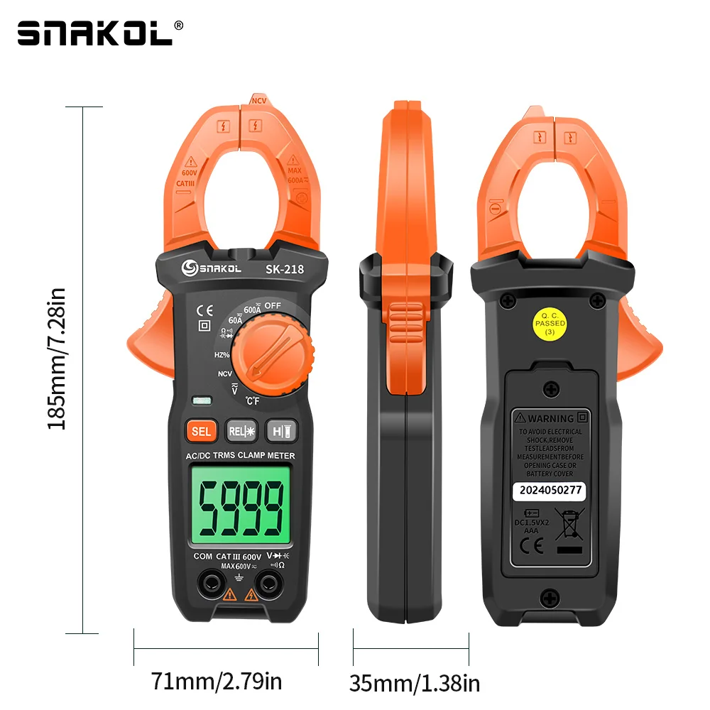 Imagem -06 - Grampo Medidor de Corrente Multímetro Digital Alicate Amperímetro True Rms Alta Precisão Ncv Ohm hz Tester 600a Sk218-ac dc