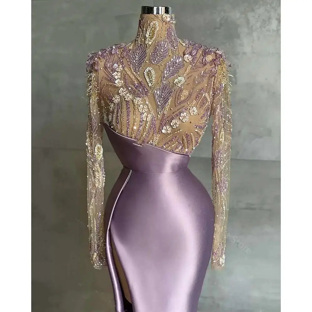 SWEMILE Abito da sera a maniche lunghe con collo alto Lavanda Perline Applicazioni in pizzo Illusion Top Side Split Festa formale Sirena Vestido