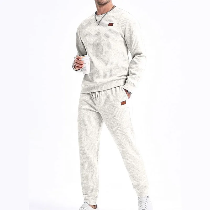 Spring and Autumn Sweatshirt Men's Sports Casual Solid Color Round Neck Jacquard Sweater Two-piece Set