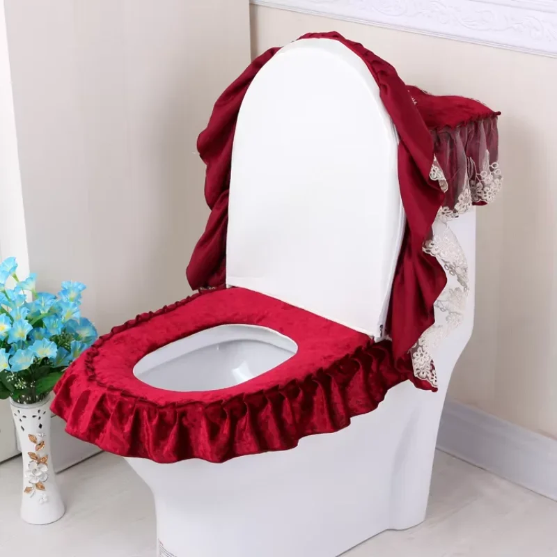 Toilet Seat Cover Three-piece Set with Lace Fabric U-shaped Zipper for The Bathroom Toilet Pad Cover Case