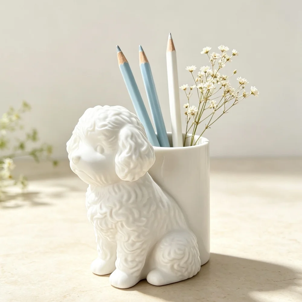 3D Printed White Poodle Pen Holder Dog Shaped Desk Organizer Office Study Room Stationery Storage Decor
