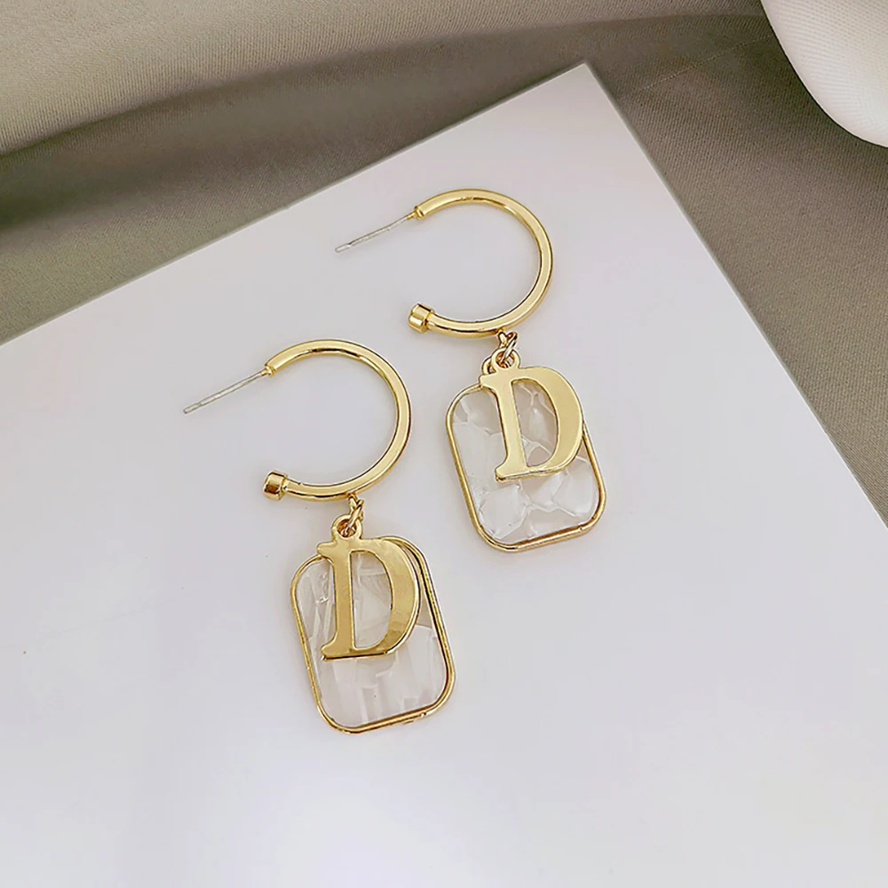 S925 Silver Needle Fashion Net Red Shell Letter D Earrings Female Temperament Long Style Trend Personality D Letter Earrings