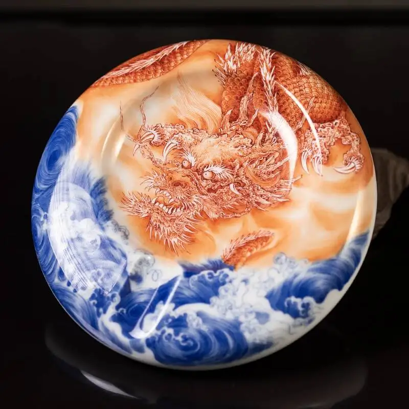Holy Mountain High-End Blue And White Alum Red Dragon Pattern Pastel Hand-Painted Ceramic Cigar Jar, Desktop Ornament