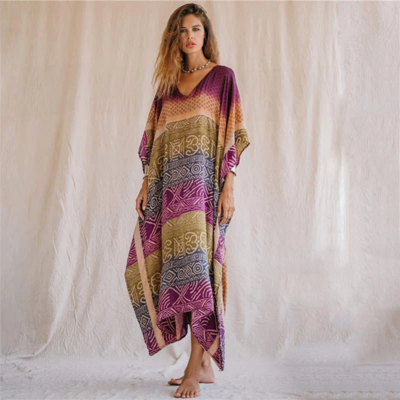 

Color Patchwork Women Loose Beach Dress Bbikini Cover Up Summer Tunic For Woman Beachwear Robe De Plage Kaftan