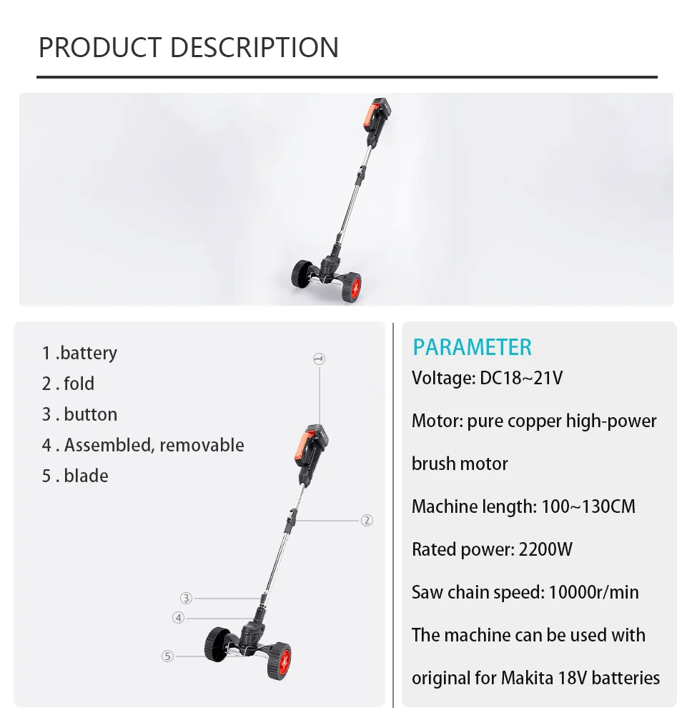 Imagem -02 - Elétrica Cordless Grass Trimmer Portátil Cortador de Grama Cortador Ajustável Weeder Poda sem Bateria Jardinagem Ferramenta para Makita 18v