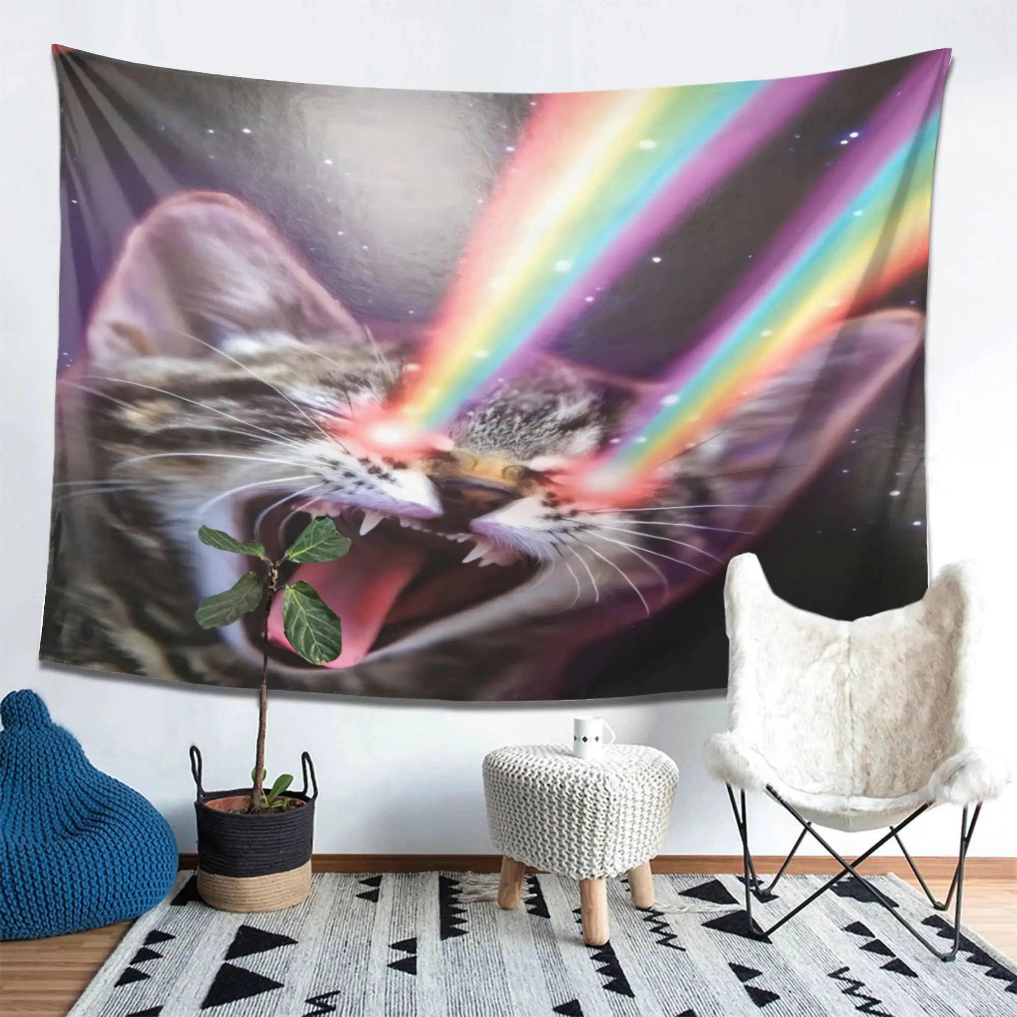 Funny Rainbow Laser Eye Cat Tapestry psychedelic Starry Sky Background Cloth Fun Dormitory Bedroom Wall Decoration Hanging