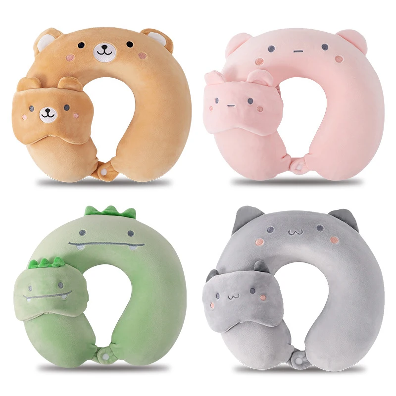 Cartoon U-Shaped Pillow and Eye Mask Combined Travel Nap Pillow - Portable Neck Support for Airplane Seat Cushion