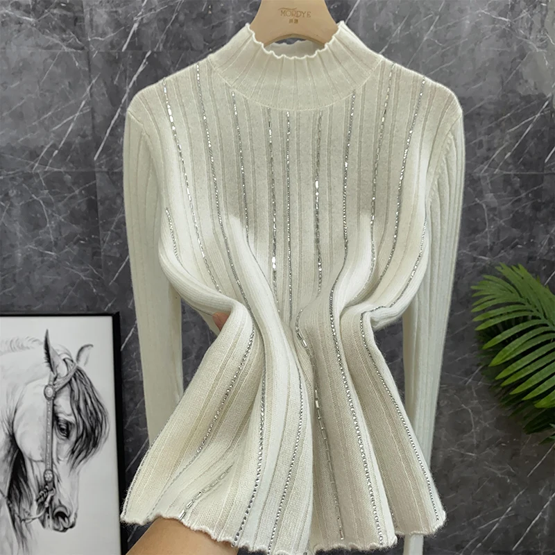 

Pure Woolen iny Sequin Women's Knitted Sweater Base Layer Cigarette Ne Design Commute Sle Long Sve Straight Cut