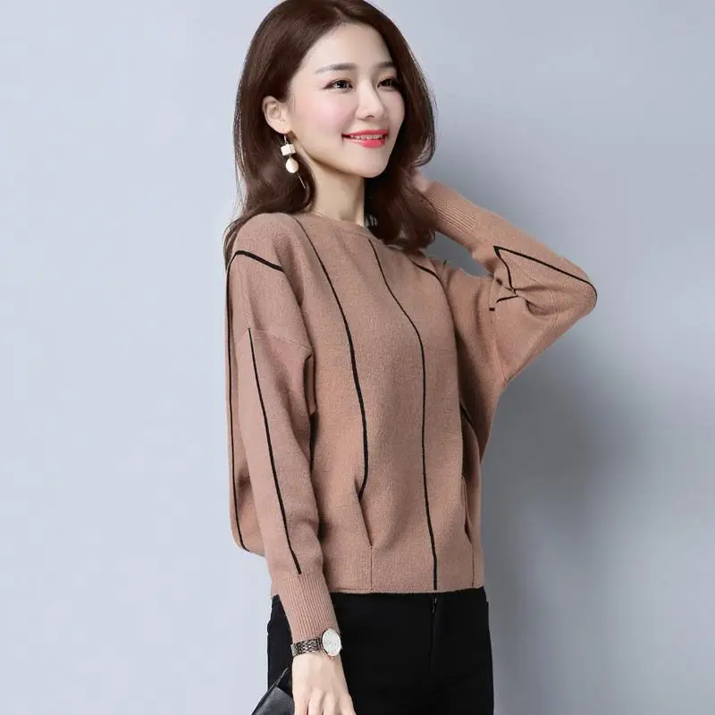 

Striped Long Sleeve Vintage Knitting Pullovers Top Autumn Winter Loose All-match Fashion Sweaters Casual Elegant Women Clothing