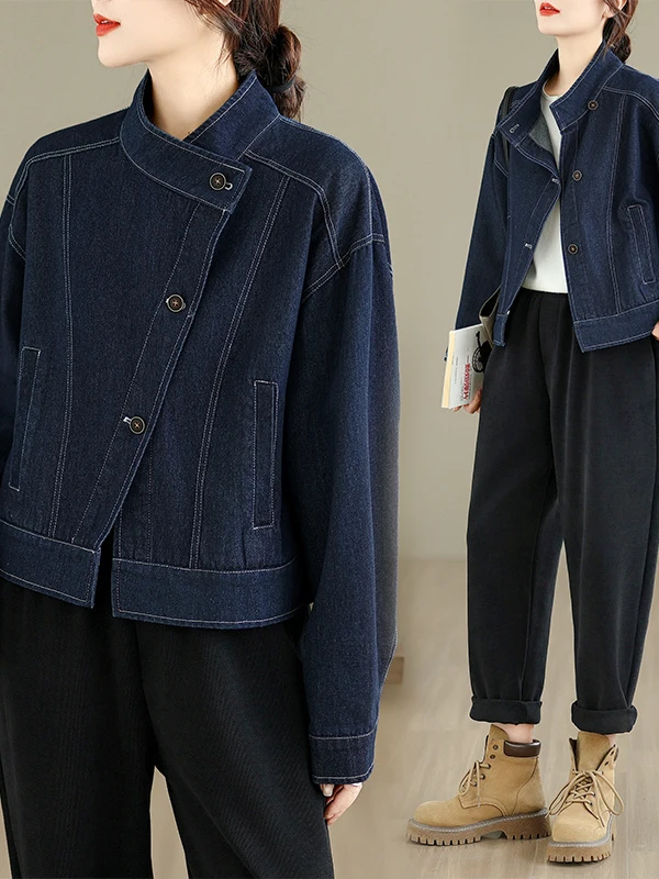 

High-End Retro Korean Japanese Denim Jaet Women's Loose Long Sve Splice Design Casual Sle Winter Outerwear Coat