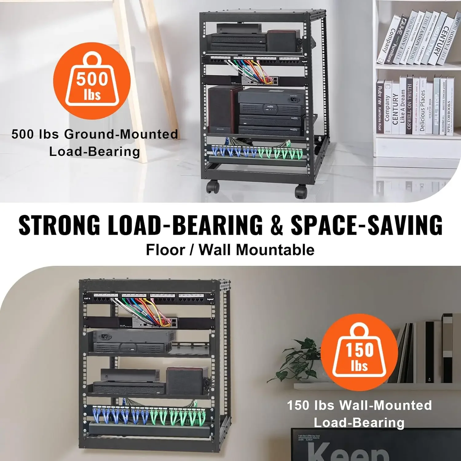 Rack de servidor de estrutura aberta 15U, profundidade ajustável de 23 ''-40'', rack de servidor de rede independente ou de montagem na parede, rack AV de 4 postes