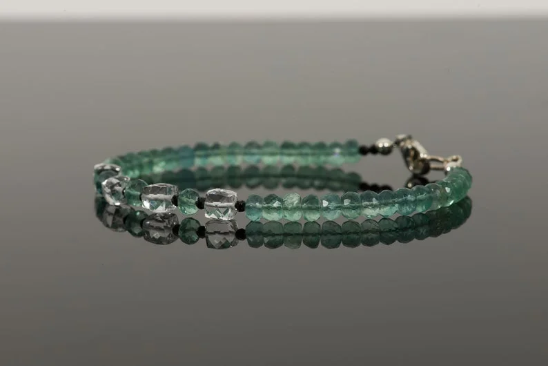 Green Fluorite White Quartz and Black Spinel Delicate Bracelet, Genuine Green Gemstone Sparkle Jewelry