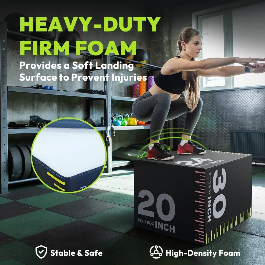 يتميز صندوق Plyo 3in1 للتدريبات في صالة الألعاب الرياضية المنزلية بنواة إسفنجية متينة عالية الكثافة وسطح غير قابل للانزلاق مثالي لقفز الصندوق والقرفصاء وF