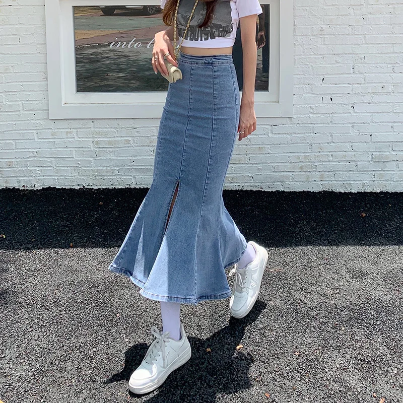 2023 new women's European and American style ruffle fishtail denim skirt Women's elastic high-waisted washable slim skirt