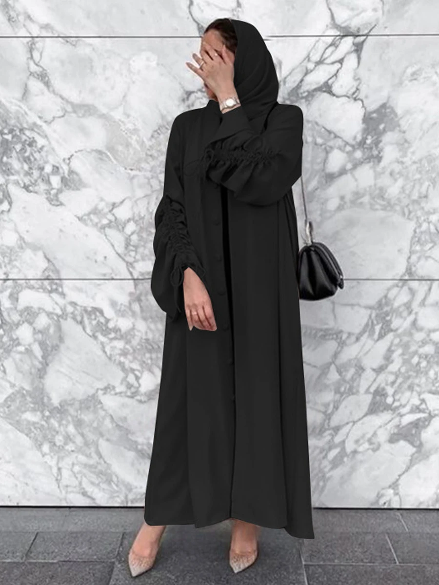 Ruched Sleeves Dubai Abaya Open Front Kimono Islamic Clothing Muslim Women Ramadan Eid Hijabi Robe Kaftan Turkish Modest Outwear