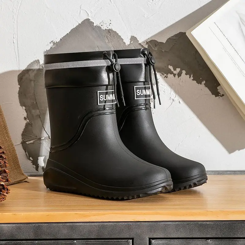 Mid-tube Rain Boots Men's New Waterproof Anti-slip Outer Rain Boots Removable Plus Velvet Drawstring Fishing Work Rubber Shoes