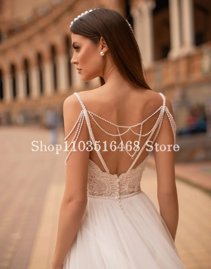 Elegante Halter Trouwjurk 2024 Voor Vrouwen Luxe Witte Parel Halter Appliqué Boho Couture Lange Bruidsjurken Robe De Soiree