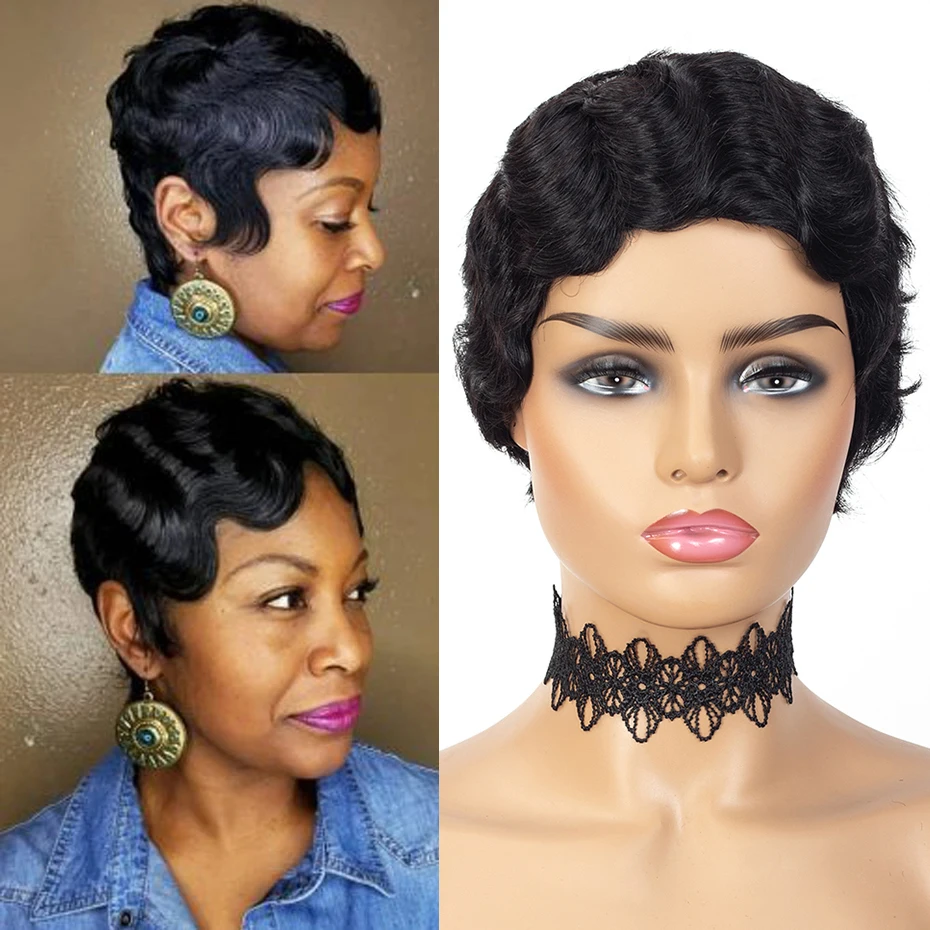 フィンガーウェーブカーリーウェーブピクシーカットウィッグ 女性用 150%密度 6インチ人毛ウィッグ 女性用 フルマシンメイドウィッグ