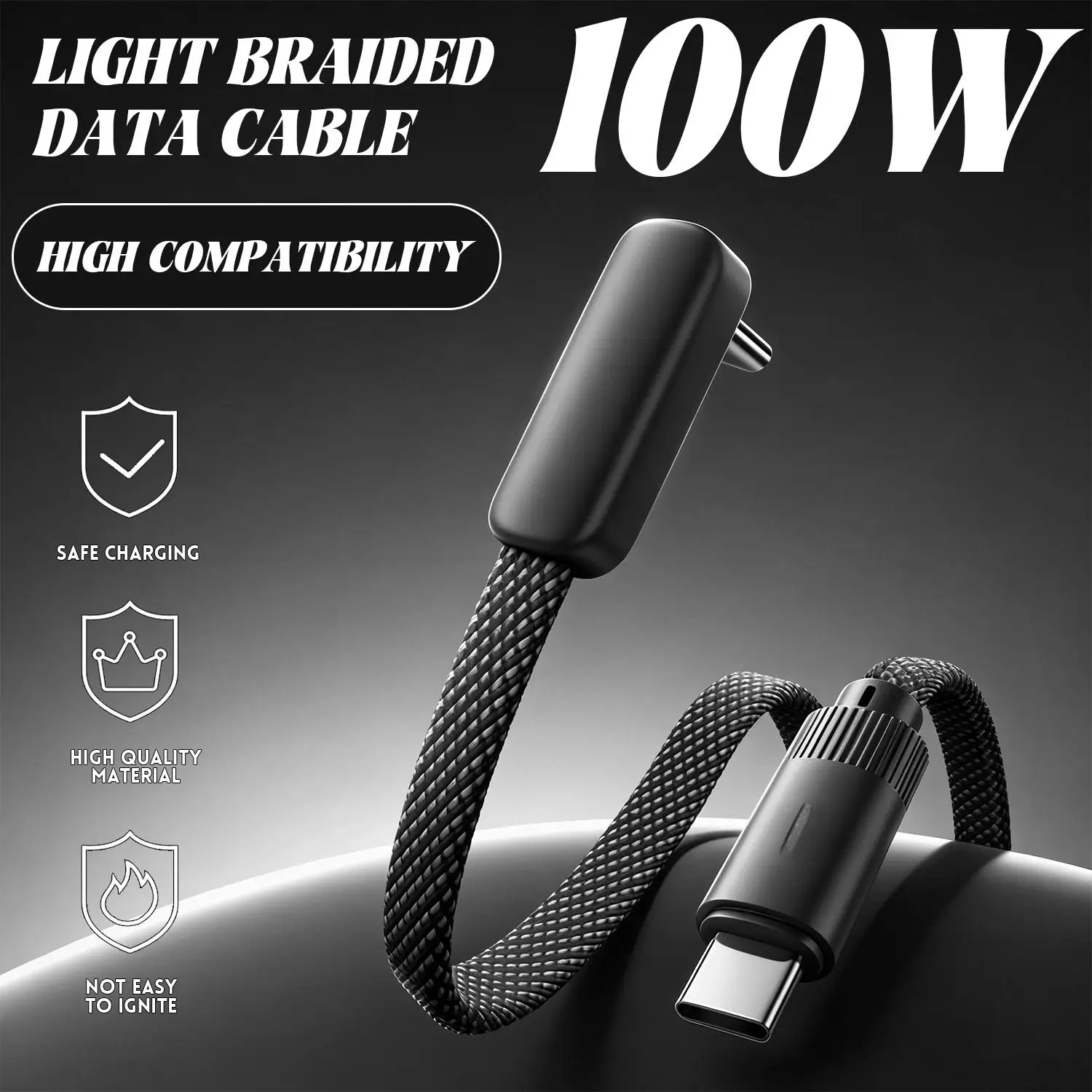 100W USB Type C Fast Charging Cable 90° Degree Dual Elbow Nylon Braided Data Cord Right Angle Cable for IPhone Samsung Xiaomi