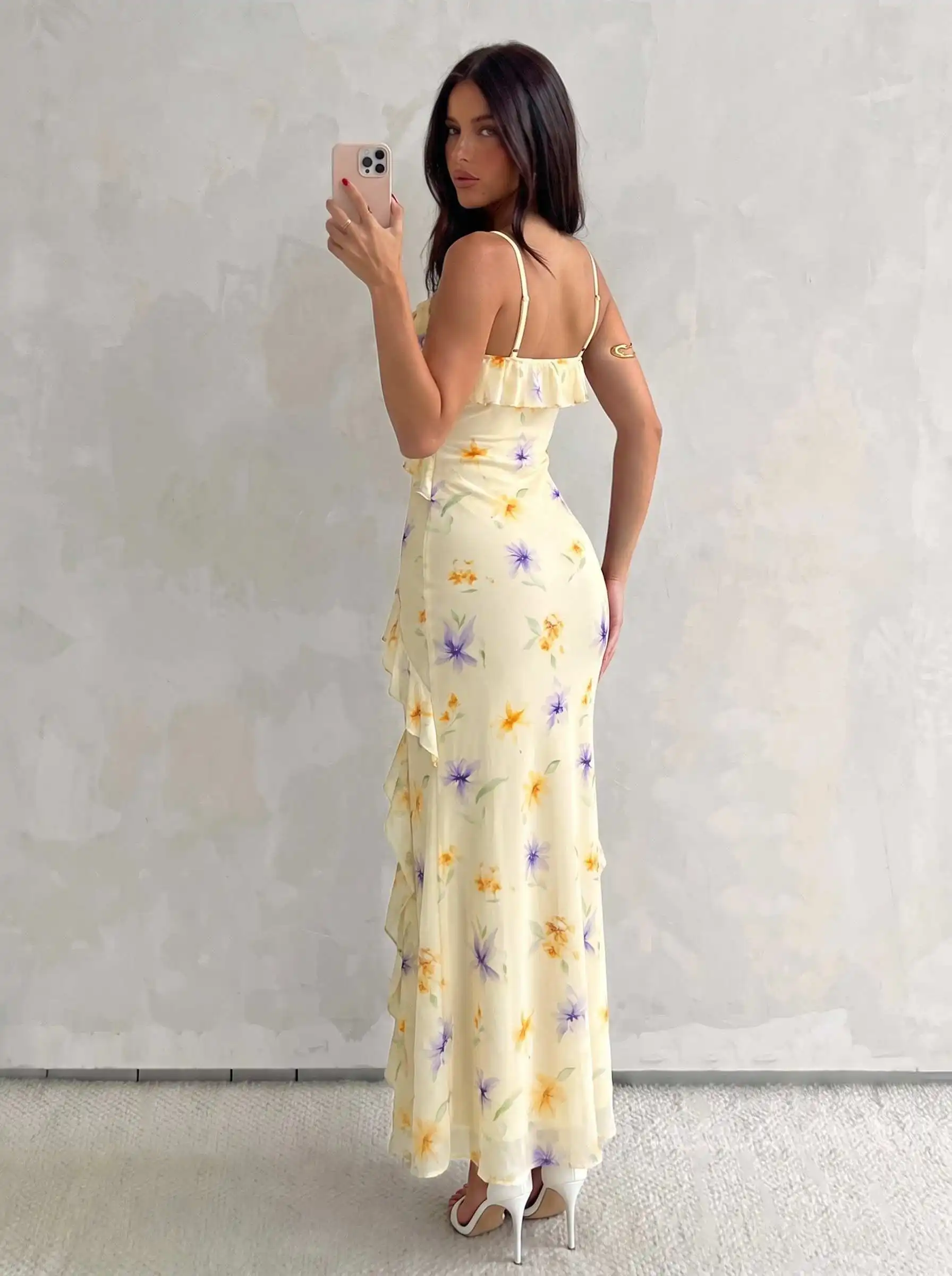 Damen Aquarell-Rosen-Print Cami-Kleid mit Rüschen, Chiffon-Midikleid, Spaghettiträger, fließendes Kleid für Urlaub, Strandparty, Ferien – Detail 20